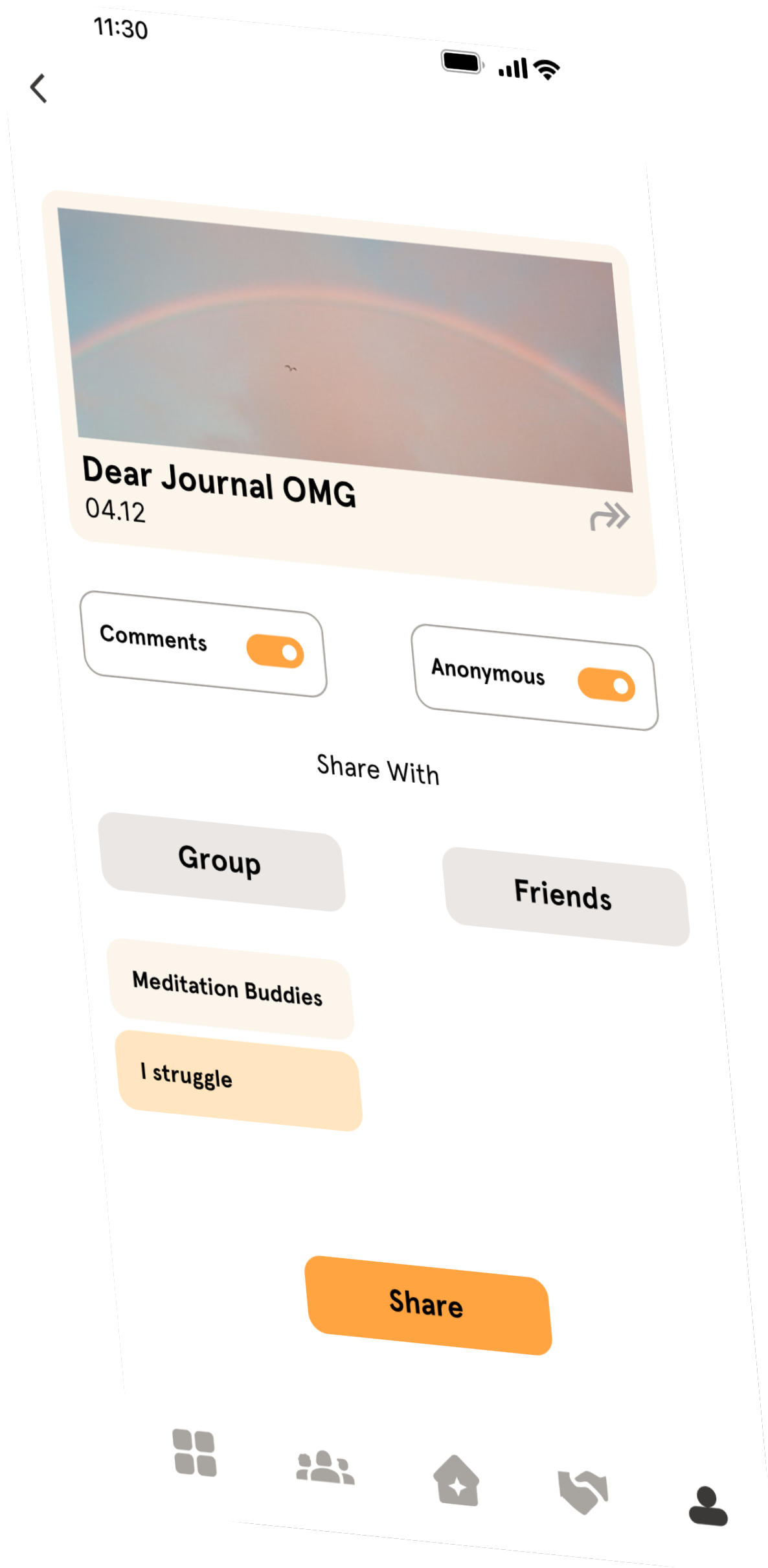 A mobile mock-up of a journal entry in Headspace's social feature.